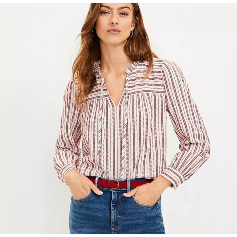 LOFT Striped Ruffle Tie Neck Blouse size Small